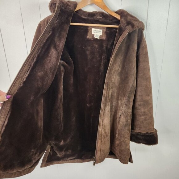 Vintage 90s Suede Fur Lined Brown Coat Jacket 1990 Bohemian Western Boho Leather - Picture 2 of 12